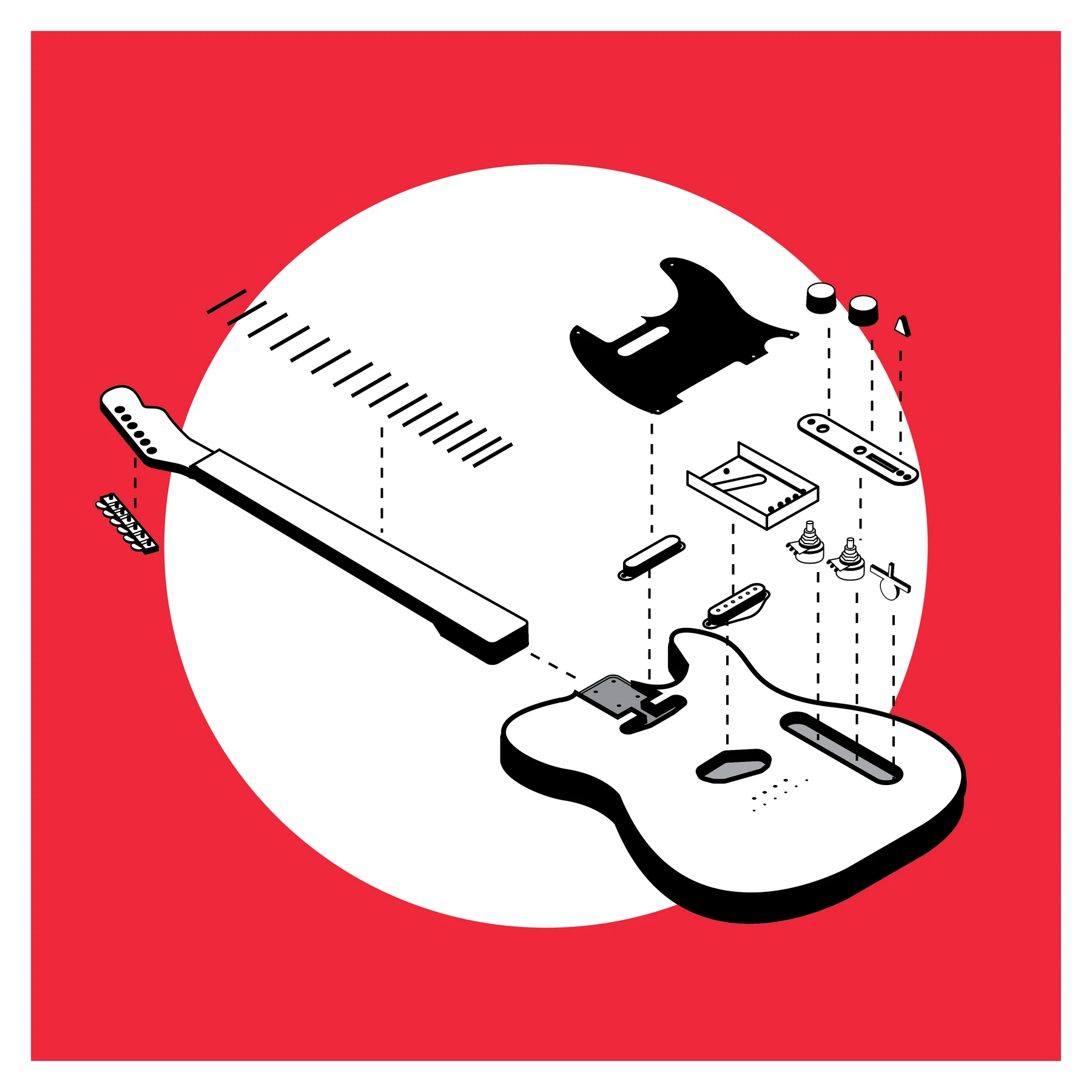 Exploded isometric electric guitar illustration on a red background