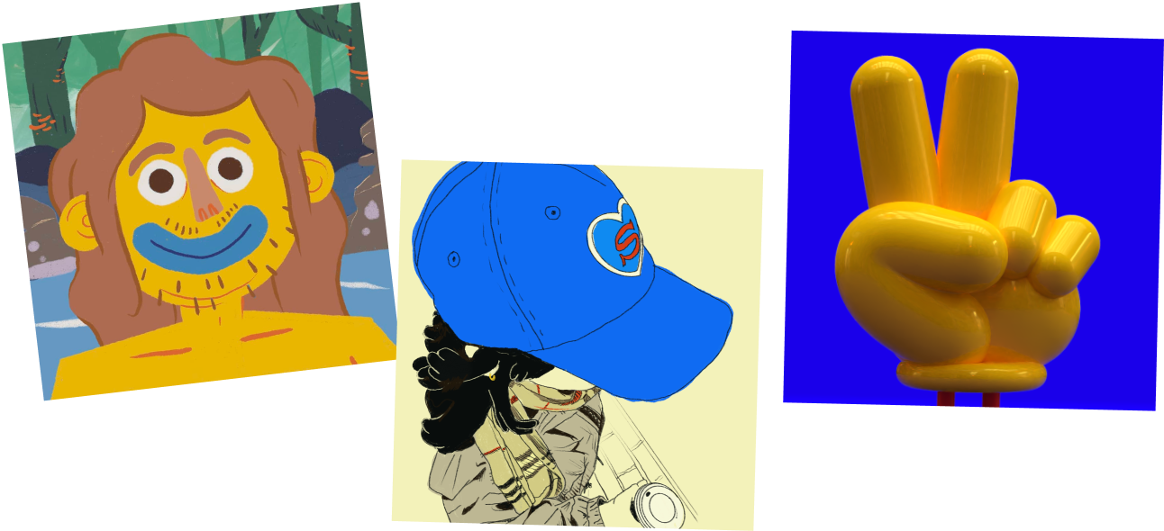 A collage of cartoon artwork, a blue-cap portrait and a golden peace-sign hand
