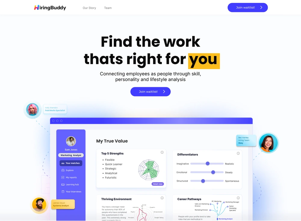 HiringBuddy website design, showing the Find the work that’s right for you homepage and My True Value dashboard